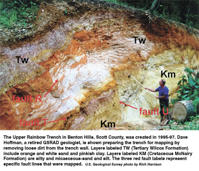 Benton Hills, Scott County MO 14-foot trench shows past upheavals.