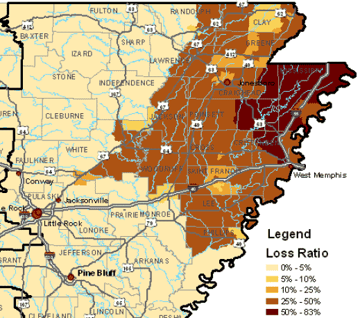 Arkansas building damage map in major quake