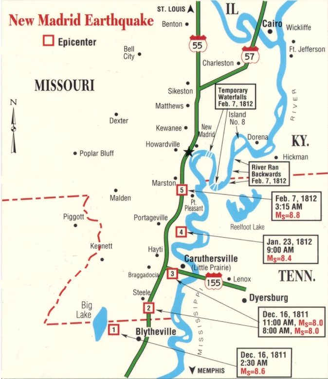 location of five quakes in SE Missouri
